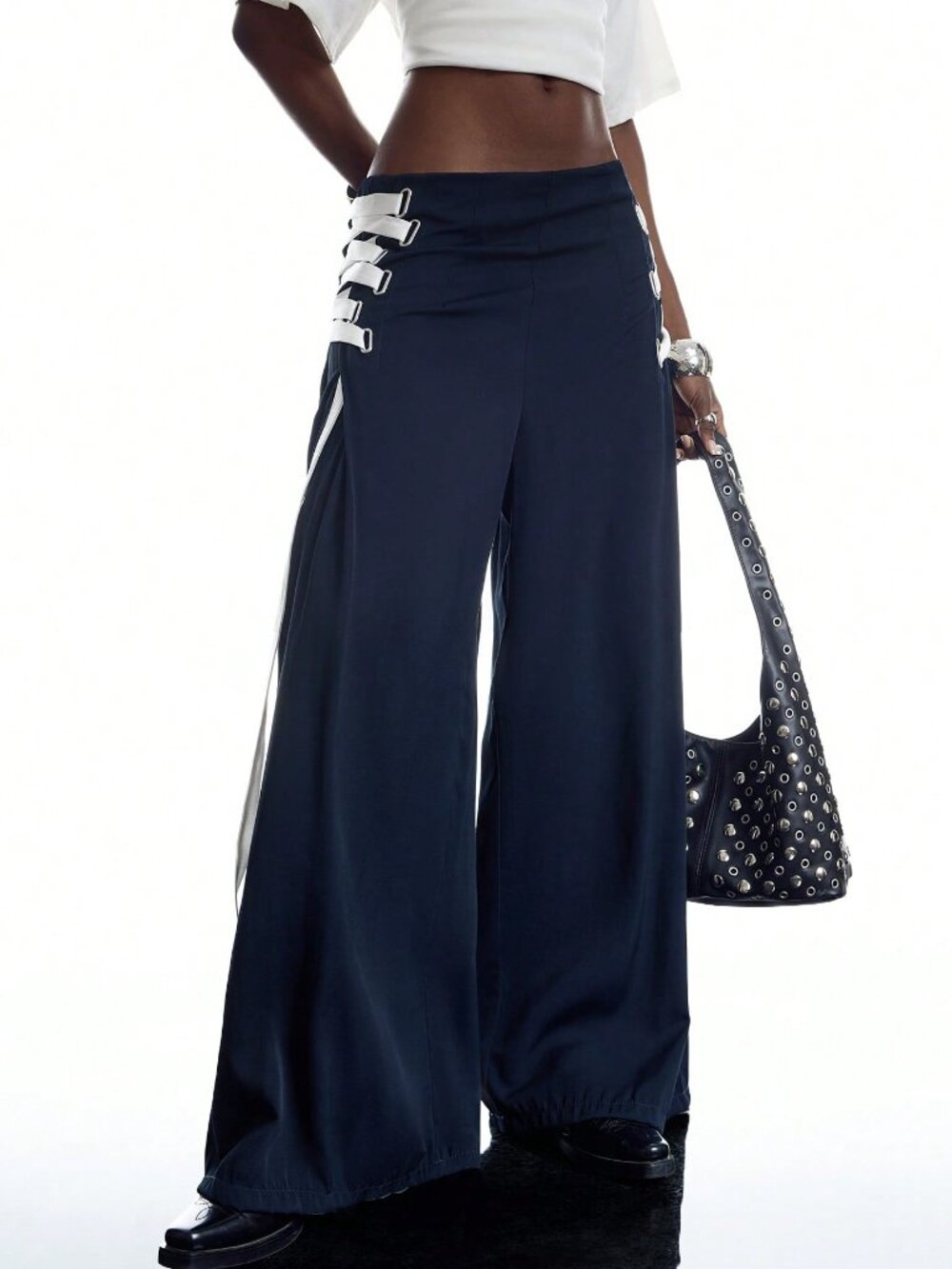 Black and White Casual Women's Pleated Elastic Waist Wide Leg Extra Long Pants